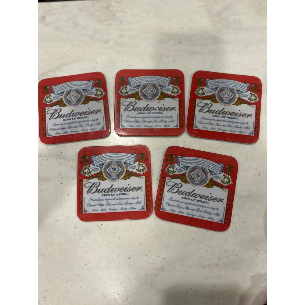 Vintage Budweiser Melamine Coasters Set of 5 King of Beers Red White Blue 3.75"